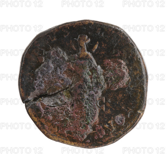 Sestertius of Marcus Aurelius (121–180; Roman emperor 161–180), issued posthumously for Faustina the Younger (ca. 130–176; Roman empress 161–176). Obverse: bust of Faustina II in drapery facing right, inscription FAV - NA PIA around. Reverse: Diana in a long robe with a crescent on her shoulders, standing straight with head turned left, holding a burning torch with both hands; inscription S, RIBVS - RE -, PTA around, -C in fields. After 176, Roman Empire (27 BC–476), Rome. Coin: diameter 30.5 mm, weight 23.55 g, axis 195°.