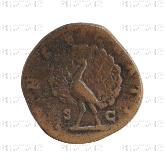 sestertius, Faustina the Younger (ca. 130–176; Roman empress 161–176) (posthumous), Marcus Aurelius (121–180; Roman emperor 161–180) (issuer); subject: peacock with tail spread standing left; obverse: bust of Faustina II in drapery facing right, inscription DIVA FAVSTINA PIA; reverse inscription C·NSECRATI in SC fields; iconography: peacocks, plumes; date: after 176; culture/place: Roman Empire, Rome; object type: coin (sestertius); materials/measurements: diameter 27.5–28.5 mm, weight 19.20 g, axis 180 degrees.