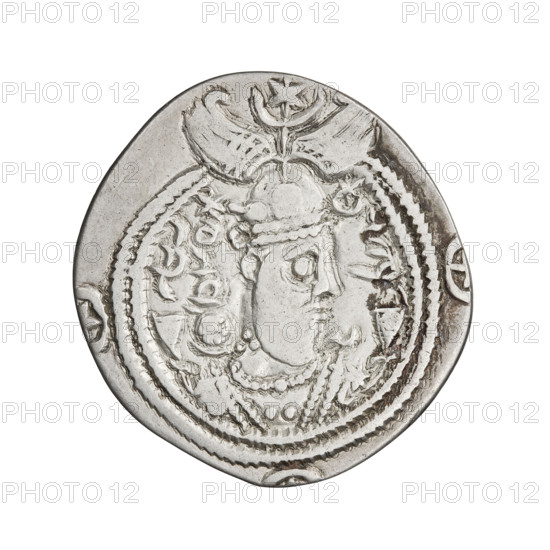 Drachma, Chosroes II Parwiz (ruler of Persia; 590–628). Obverse: bust of Chosroes II facing right, wearing a crown decorated with two wings, a crescent and a star; to the left a star, to the right a crescent; beads around the neck and a central triangle of three dots; two ribbons behind the crown; double pearl rim; crescents with stars behind the rim at the bottom and on both sides; Pahlavi inscription. Reverse: burning altar; to its left the ruler/Arsaces standing straight with a sword, to its right a priest standing straight holding a sword; star at top left and crescent at top right; signs/monograms on both sides; triple pearl border with four crescents with stars outside; Pahlavi inscription. Date: 590–628. Place: Persia. Object: coin. Weight: 2.65 g.