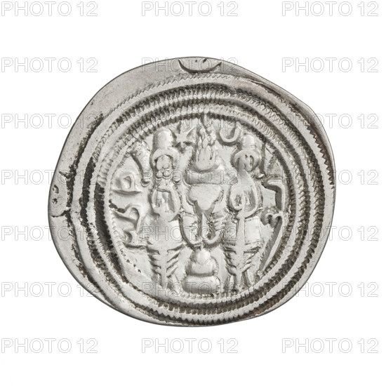 Drachma, Chosroes II Parwiz (ruler of Persia; 590–628). Obverse: bust of Chosroes II facing right, wearing a crown decorated with two wings, a crescent and a star; to the left a star, to the right a crescent; beads around the neck and a central triangle of three dots; two ribbons behind the crown; double pearl rim; crescents with stars behind the rim at the bottom and on both sides; Pahlavi inscription. Reverse: a burning altar; left of it the ruler/Arsaces standing straight with a sword in his hand; right of it a priest standing straight holding a sword; star at top left, crescent at right; signs/monograms on both sides; triple pearl border with four crescents and stars outside it; Pahlavi inscription. Date: 590–628. Place: Persia. Object type: coin. Weight: 2.65 g.