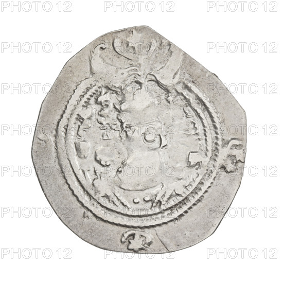 Drachma, Chosroes II Parwiz (ruler of Persia; 590–628). Obverse: bust of Chosroes II facing right, wearing a crown decorated with two wings, a crescent and a star; left a star, right within a crescent; beads around the neck and a central triangle composed of three dots; behind the crown two ribbons; double pearl rim; behind the rim at the bottom and on both sides a crescent with a star; Pahlavi inscription. Reverse: a burning altar; left of it the ruler/Arsaces standing straight with a sword in his hand; right a priest standing straight holding a sword; star at top left, crescent at right; signs/monograms on both sides; triple pearl border with four crescents and stars outside; Pahlavi inscription. 590–628, Persia. Coin; weight 2.32 g.
