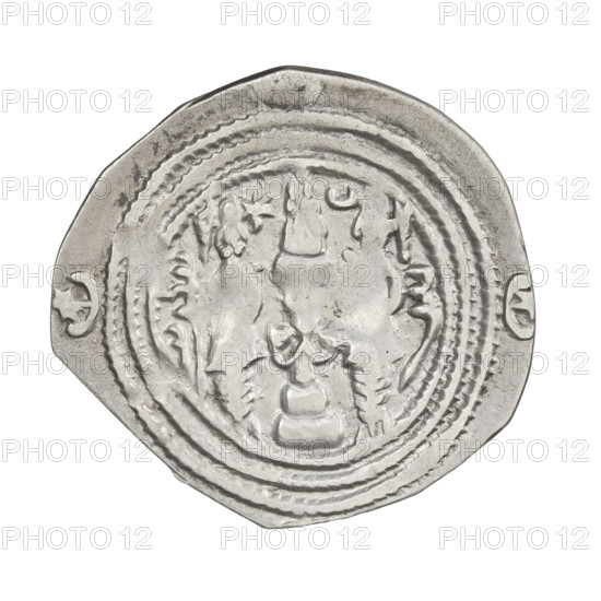 Drachma, Chosroes II Parwiz (ruler of Persia; 590–628). Obverse: bust of Chosroes II facing right, wearing a crown decorated with two wings, a crescent and a star; to the left a star, to the right a crescent; beads around the neck and a central triangle composed of three dots; two ribbons behind the crown; double pearl rim; crescents with stars behind the rim at bottom and on both sides; Pahlavi inscription. Reverse: a burning altar; at its left the ruler/Arsaces standing upright with a sword; at the right a priest standing upright holding a sword; a star at top left and a crescent at top right; signs/monograms on both sides; triple pearl border with four crescents and stars outside; Pahlavi inscription. 590–628, Persia. Coin, weight 2.32 g.
