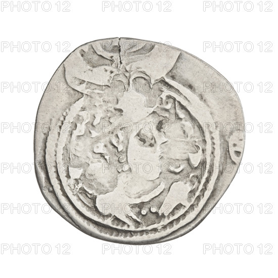 Drachma of Chosroes II Parviz (ruler of Persia; 590–628). Obverse: bust of Chosroes II right, wearing a crown decorated with two wings, a crescent and a star; left of crown a star, right a star in a crescent; beads on the neck and a central triangle of three dots; two ribbons behind the crown; double pearl border; behind the border at the bottom and on both sides a crescent with a star; Pahlavi legend. Reverse: fire altar; to the left the ruler facing forward with a sword in his hand; to the right a priest facing forward holding a sword; top left a star, top right a crescent; signs/monograms on both sides; triple pearl border; beyond it four crescents with stars; Pahlavi legend. Sassanid art; Sassanid Kingdom, Persia (Iran), 590–628. Coin: diameter 24.0 × 25.0 mm, weight 2.25 g.