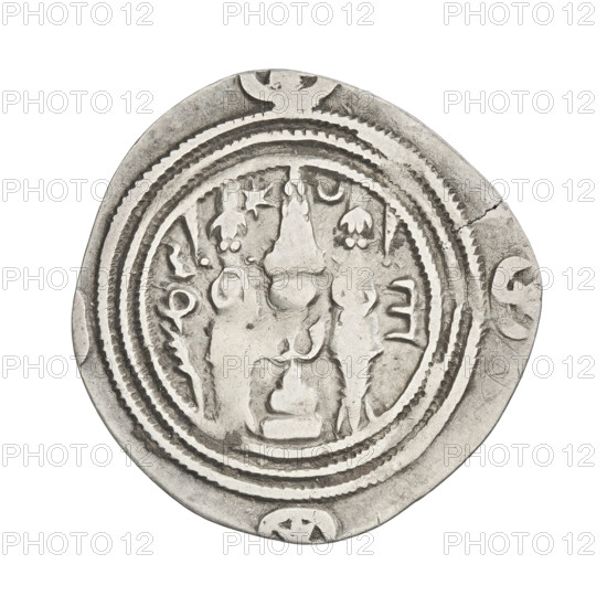 Drachma, Chosroes II Parviz (ruler of Persia; 590–628). Obverse: bust of Chosroes II right, wearing a crown decorated with two wings, a crescent and a star; left of the bust a star, right a star in a crescent; beads on the neck and a central triangle of three dots; behind the crown two ribbons; double pearl border; below and on both sides beyond the border a crescent with a star; Pahlavi legend. Reverse: fire altar; left of the altar the ruler facing forward with a sword in his hand; right of the altar a priest facing forward holding a sword; top left a star, top right a crescent; signs/monograms on both sides; triple pearl border; beyond it four crescents with stars; Pahlavi legend. Sassanid art; Sassanid Kingdom; Iran (Persia); dated 590–628. Coin: diameter 24.0–25.0 mm, weight 2.25 g.