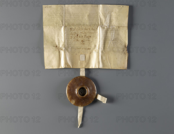 Majestic wax seal with a document: Agnieszka (Duchess of Swidnica; 1368–1392). Princely/rulers' seal showing the duchess standing in a long robe and long cloak fastened with a button, wearing a headdress. On the sides two shields (Swidnica and Silesia) topped with jeweled helmets in a heraldic bow. Next to the duchess's head a shield with the Austrian coat of arms is woven into the rim inscription. Background diagonally checkered. Around the rim an inscription in minuscule: AGNES . DEI . GRA . DUCISSA . SLE . DNA . DE . FURSTENB'G . IN . SWYDNICZ ET . IN . HYAVOR. Dated 1389. Duchy of Swidnica. Seal diameter 90 mm; document dimensions: 193 mm and 260 + 52 mm (backing during exhibition approx. 45.0 x 31.5 x 3.0 cm).