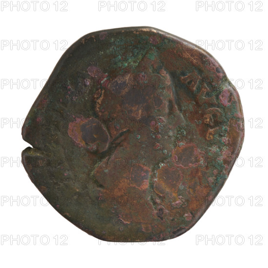 sestertius; Faustina the Younger (ca. 130–176; Roman empress 161–176) and Marcus Aurelius (121–180; Roman emperor 161–180) (issuer); Roman deities — Juno (mythology); iconography: peacocks, paterae, sceptres; obverse: bust of Faustina II in diadem and drapery facing right, inscription FAVSTINA · AVGV; reverse: Juno standing left, holding a patera in her outstretched right hand and a long scepter in her left, a peacock at her feet on the left; control marks S · C in fields; date attribution 161–176; Roman Empire (27 BC–476), Rome; coin (sestertius); diameter 32.5–34.0 mm; weight 27.57 g; axis 0°.