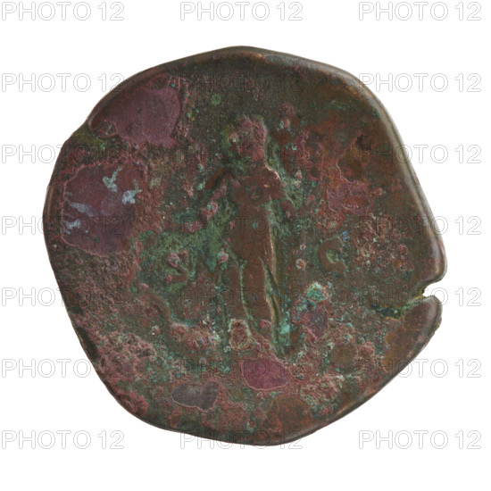 Sestertius; Faustina the Younger (ca. 130–176; Roman empress 161–176) and Marcus Aurelius (121–180; Roman emperor 161–180), issuer. Bust of Faustina II in diadem and drapery facing right, legend FAVSTINA · AVGV all around. Reverse: Juno standing left, holding a patera in her outstretched right hand and a long sceptre in her left, with a peacock at her feet on the left; fields S · C. Date: 161–176, Roman Empire (27 BC–476), Rome. Coin. Diameter 32.5–34.0 mm; weight 27.57 g; axis 0°. Iconography: Roman deities, Juno; peacocks; Faustina the Younger — paterae, sceptres.