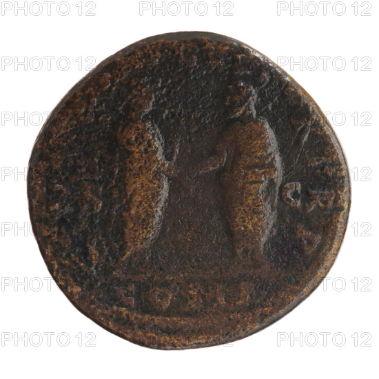 Sestertius of Lucius Verus (130–169; Roman emperor 161–169). Obverse: Head of Lucius Verus uncovered, with drapery on the left shoulder, facing right; legend IMP CAES L AVREL - VERVS AVG. Reverse: Lucius Verus and Marcus Aurelius (121–180; Roman emperor 161–180) in togas standing opposite each other, holding scrolls and shaking hands; legend OR TR P; marked COS II; in fields S - C, 161. Roman Empire (27 BC–476). Coin; diameter ~32.5–33.0 mm; weight 23.75 g; axis 0°.