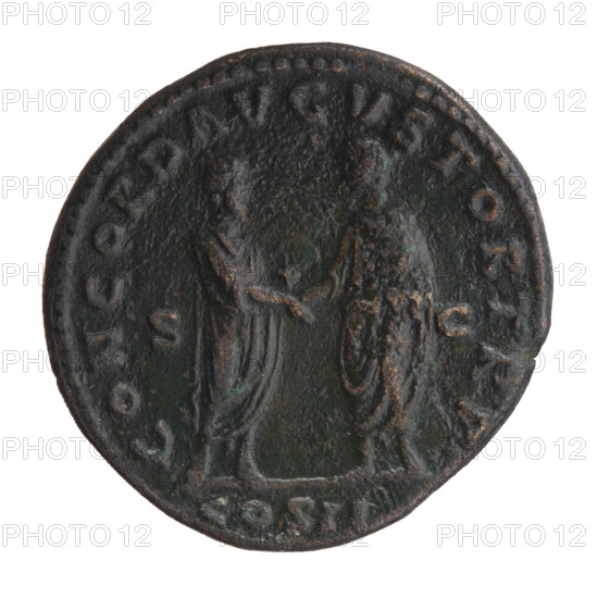 Sestertius, Lucius Verus (130–169; Roman emperor 161–169), issuer. Obverse: bust of Lucius Verus uncovered, in armor, right; inscription AES L - AVREL VERVS AVG. Reverse: Lucius Verus and Marcus Aurelius in togas standing opposite each other, holding scrolls and shaking hands; inscription CONCORD AVGVSTOR TR P, legend includes COS II, field marks S - C, date 161. Roman Empire (27 BC–476), Rome. Coin: bronze; diameter 33.5 mm; weight 25.55 g; axis 345°.