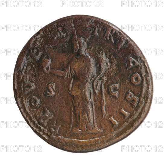 Sestertius of Lucius Verus (130–169; Roman emperor 161–169). Obverse: head of Lucius Verus with laurel wreath and drapery on the left shoulder, facing right; inscription AES L AVREL - VERVS AVG. Reverse: Providentia standing left, holding a globe in her outstretched right hand and a cornucopia in her left; inscription PROV E TR P COS II; field mark S · C. Date: 161. Place: Rome. Roman Empire (27 BC–476). Coin (bronze), diameter ~32.5–33.5 mm, weight 23.85 g, axis 345°. Iconography: personifications, globes, Providentia, cornucopias; maker/issuer: Lucius Verus.