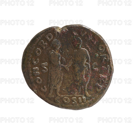 Lucius Verus (130–169; Roman emperor 161–169), issuer; personifications; iconography: globes, cornucopias, Providentia. Obverse: Head of Lucius Verus uncovered to the right, legend IMP CAES L VREL VERVS A, all around. Reverse: Lucius Verus and Marcus Aurelius in togas standing opposite each other, holding scrolls and shaking hands, legend CONCORD GVSTOR TR P, episode COS II; in fields S - C, 161. Rome; Roman Empire (27 BC–476). Coin; diameter 25.0–27.0 mm; weight 11.75 g; axis 0°.