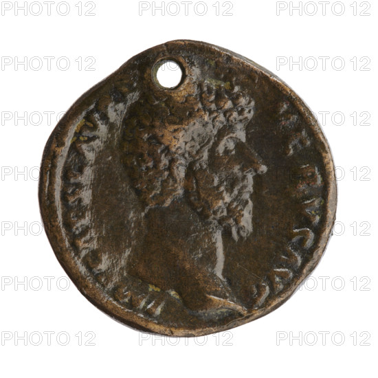 Sestertius (with a hole), Lucius Verus (130–169; Roman emperor 161–169), issuer: Lucius Verus — iconography: personifications, Fortuna, rudders, cornucopias. Obverse: Head of Lucius Verus bare to the right, legend IMP CAES L AVRE VERVS AVG. Reverse: Fortuna seated left, holding a rudder in her right hand and a cornucopia in her left, legend TR POT III COS II; in exergue: FORT RED, in fields: S C. Date: 162–163. Roman Empire (27 BC–476), Rome. Coin: diameter 30.5 mm, weight 21.45 g, axis 0°.