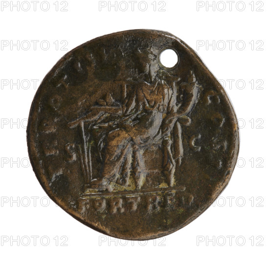 sestertius (with a hole), Lucius Verus (130–169; Roman emperor 161–169), issuer: Lucius Verus; iconography: personification Fortuna, rudder, cornucopia. Obverse: Head of Lucius Verus bare, facing right, inscription IMP CAES L AVRE VERVS AVG. Reverse: Fortuna seated left, holding a rudder in her right hand and a cornucopia in her left, inscription TR POT III COS II; legend FORT RED in field, S C. Date: 162–163. Roman Empire (27 BC–476). Coin, Rome. Diameter 30.5 mm; weight 21.45 g; axis 0°.