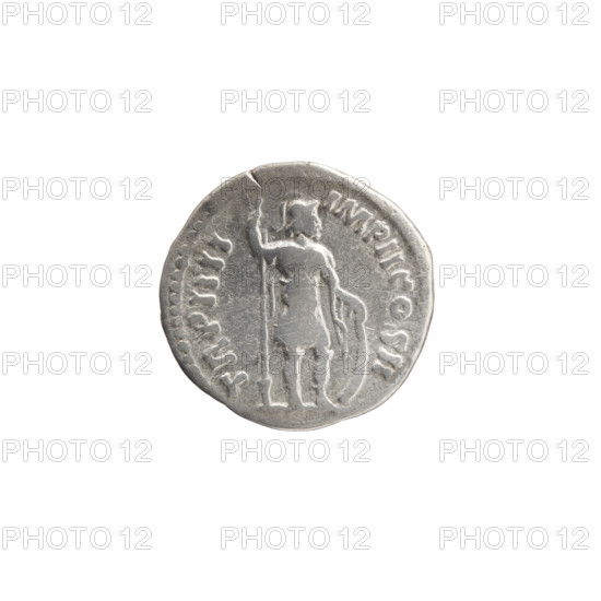 Denarius of Lucius Verus (130–169; Roman emperor 161–169). Obverse: Bust of Lucius Verus without a covering and in armor facing right, inscription 'L VERVS AVG - ARMENIACVS'. Reverse: Mars standing right, holding a spear in his right hand and resting his left on a round shield on the ground, inscription 'TR P IIII - IMP II COS II'. Date: 163–164. Roman Empire; Rome. Coin. Diameter 17.5 mm; weight 3.20 g; axis 180°. Iconography: Lucius Verus; Roman deities; Mars; shields; spears.
