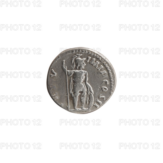 Denarius of Lucius Verus (130–169; Roman emperor 161–169). Obverse: Head of Lucius Verus without a cap to the right, legend 'L VERVS AVG - ARMENIACVS'. Reverse: Mars stands right, holds a spear in his right hand, rests his left on a round shield standing on the ground, legend 'TR PV - IMP II COS II'. Date: 164–165. Roman Empire (27 BC–476), Rome. Coin: diameter 15.5–16.5 mm, weight 3.30 g, axis 0°.