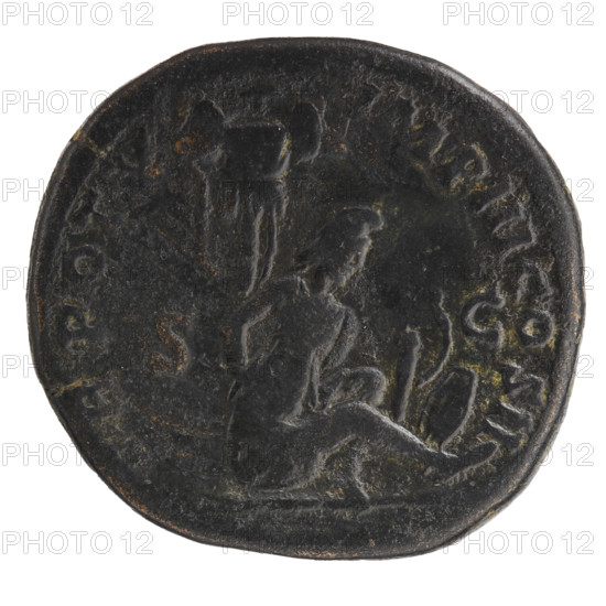 Sestertius of Lucius Verus (130–169; Roman emperor 161–169). Obverse: Head of Lucius Verus with laurel wreath facing right, inscription 'VERVS AVG - ARM PARTH M' all around. Reverse: Parthian prisoner seated under a trophy facing right, hands tied behind his back, beside him a bow, quiver and shield, inscription 'TR POT V - IMP III COS II' all around, in SC fields. Date: 165. Place: Rome, Roman Empire (27 BC–476). Coin; diameter 29.0–31.0 mm; weight 22.20 g; axis 180 degrees.