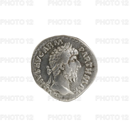 Denarius of Lucius Verus (130–169; Roman emperor 161–169). Obverse: Head of Lucius Verus in laurel wreath facing right, inscription L VERVS AVG ARM - PARTH MAX. Reverse: Parthian prisoner sitting right, hands tied behind his back, next to him a bow, quiver and shield, inscription TR PV IMP III COS II. Date: 165. Culture: Roman Empire. Place: Rome. Medium: coin. Diameter: 17.5 mm. Weight: 3.15 g. Axis: 0 degrees.