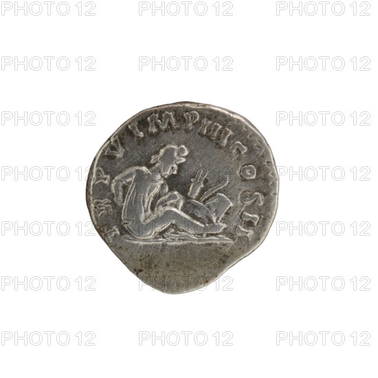 Denarius of Lucius Verus (130–169; Roman emperor 161–169), issuer; obverse: head of Lucius Verus in laurel wreath facing right, inscription L VERVS AVG ARM - PARTH MAX; reverse: Parthian prisoner sitting right, hands tied behind his back, next to him a bow, quiver and shield, inscription TR P V IMP III COS II; date 165; Roman Empire (27 BC–476); Rome; coin; diameter 17.5 mm; weight 3.15 g; axis 0 degrees.