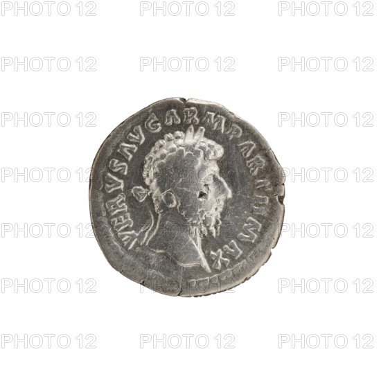 Denarius of Lucius Verus (130–169; Roman emperor 161–169), issued 165. Obverse: Head of Lucius Verus with laurel wreath facing right, inscription VERVS AVG ARM PARTH MAX. Reverse: Parthian prisoner seated right with hands tied behind his back, beside a bow, quiver and shield, inscription TR P V IMP III COS II. Iconography: prisoners, quivers, bows, shields, trophies; relates to Parthians. Roman Empire (27 BC–476). Coin: diameter 17.5–18.0 mm, weight 3.00 g, axis 180 degrees.