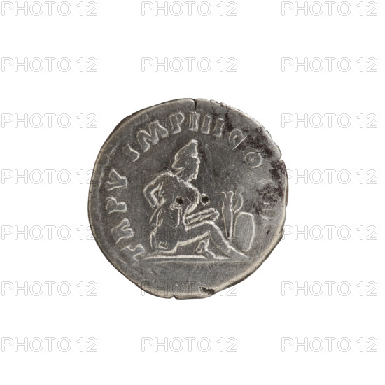 Denarius of Lucius Verus (130–169; Roman emperor 161–169), obverse: head of Lucius Verus with laurel wreath facing right, inscription VERVS AVG ARM PARTH MAX; reverse: Parthian prisoner seated right with hands tied behind his back, next to him a bow, quiver, and shield, inscription TR P V IMP III COS II; iconography: prisoners, bows, quivers, shields, trophies; dated 165; Roman Empire (27 BC–476); coin, diameter 17.5–18.0 mm, weight 3.00 g, axis 180°.