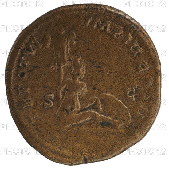 sestertius, Lucius Verus (130–169; Roman emperor 161–169), issuer: Lucius Verus; iconography: prisoners, Parthians, trophies, shields (weapons); obverse: head of Lucius Verus with laurel wreath facing right, inscription L VERVS AVG - ARM PARTH MAX; reverse: Parthian prisoner sitting under a trophy facing right, hands tied behind his back, a shield in front of him, inscription TR POT VI - IMP III COS II, in SC fields; date: 165–166; Roman Empire (27 BC–476); Rome; medium: coin (sestertius); diameter 31.5–33.0 mm; weight 23.87 g
