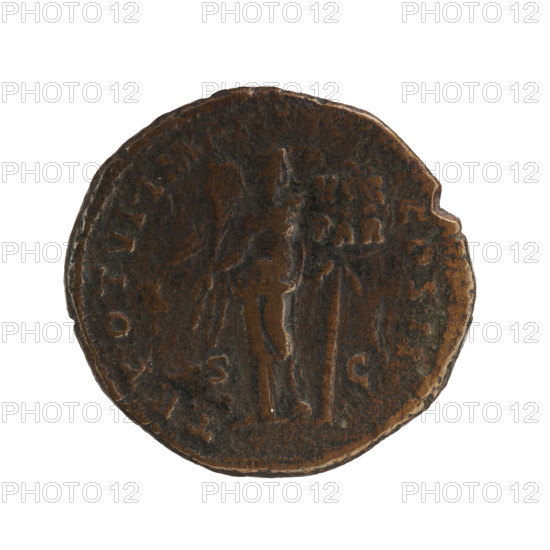 Dupondius, Lucius Verus (130–169; Roman emperor 161–169), issuer. Obverse: Head of Lucius Verus in radiant crown facing right, inscription 'ERVS AVG ARM - PARTH MAX' all around. Reverse: Victoria stands right, holds a palm branch in her right hand, supports her left hand on a round shield inscribed 'VIC / PAR' attached to the trunk of a palm tree; legend 'TR POT VI IMP IIII - COS II' all around; mintmarks in fields 'S - C'. Date: 166. Roman Empire (27 BC–476), Rome. Coin (dupondius): diameter 24.5–26.0 mm, weight 13.05 g, axis 0°.
