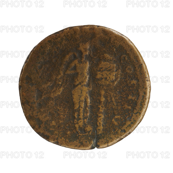 dupondius (forgery), Lucius Verus (130–169; Roman emperor 161–169), issuer: Lucius Verus; obverse: head of Lucius Verus in a radiant crown facing right, inscription L AVR, L VERVS - AVG ARMENIACVS around; reverse: Victoria stands right, holds a palm branch in her right hand, supports her left hand on an oval shield inscribed VIC / AVG attached to the trunk of a palm tree, COS II around; trees, Roman deities, palm branches (attribute), shields; date (for the original): 163–164; Roman Empire (27 BC–476); Rome; coin; weight 11.39 g; diameter c.25.5–26.5 mm; axis 0°