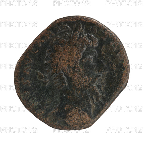Sestertius of Lucius Verus (130–169; Roman emperor 161–169), issuer: Lucius Verus. Obverse: head of Lucius Verus in laurel wreath facing right, inscription 'VS AVG ARM - PAR', all around. Reverse: Aequitas seated left, holding scales in his right hand and a cornucopia in his left, inscription all around, in fields '-C'. Date: 168–169. Roman Empire, Rome. Coin: diameter 24.5–27.5 mm, weight 20.20 g, axis 0°.