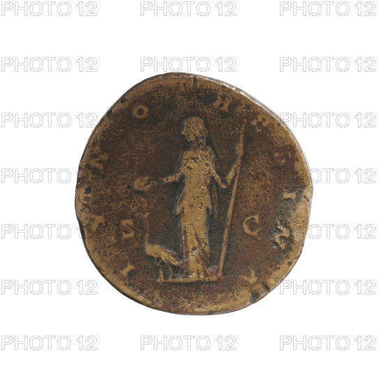 Sestertius, 164–169 CE. Obverse: Bust of Lucilla in drapery facing right, inscription LVCILLA · AVGVSTA. Reverse: Juno in a veil standing left, holding a patera in her right hand and a long sceptre in her left, a peacock at her feet on the left, inscription IVNO · RE[?]INA, in SC fields. Roman Empire; Rome. Coin; diameter 30.0 mm; weight 26.25 g; axis 0°.