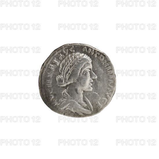 Denarius; obverse: draped bust of Lucilla to the right, inscription LVCILLAE AVG - ANTONINI AVG F; reverse: Concordia seated on a throne to the left, holding a patera in her right hand and resting her left hand on the figure of Spes, inscription CONC - O - RDIA; issuer: Lucius Verus (emperor 161–169); depicted: Lucilla (Roman empress, 149–183), personifications Concordia and Spes; date: 164–169; Roman Empire (27 BC–476), Rome; coin; diameter 17.0–18.0 mm; weight 3.00 g; axis 180°.