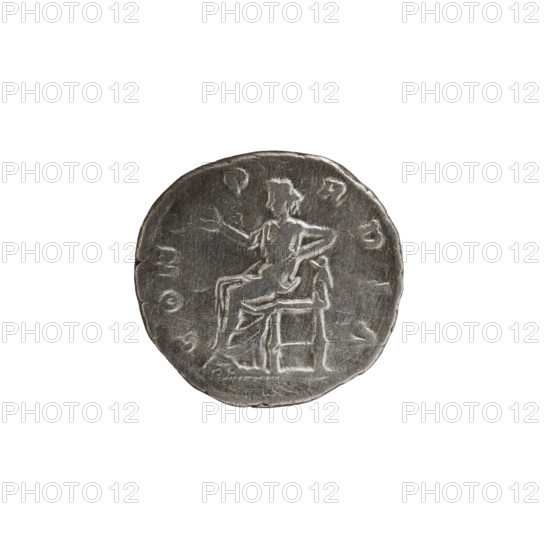 Denarius; obverse: draped bust of Lucilla to right, legend LVCILLAE AVG - ANTONINI AVG F; reverse: Concordia seated on throne left holding patera in right hand and resting left hand on figure of Spes, legend CONC - O - RDIA; issuer: Lucius Verus; personifications: Concordia, Spes; date: 164–169; Roman Empire, Rome; material: coin; diameter 17.0–18.0 mm; weight 3.00 g; axis 180°.