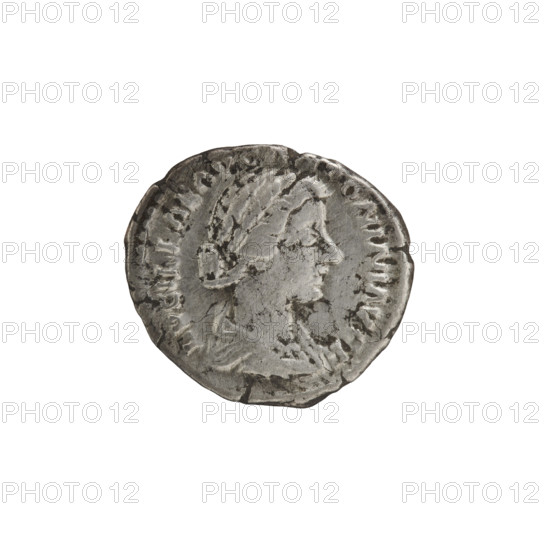 Denarius, Lucius Verus (130–169; Roman emperor 161–169), issuer; Lucilla (149–182; Roman empress 164–169); Roman deities — Juno; children. Bust of Lucilla in drapery facing right, inscription: LVCILLAE AVG A, TONINI AVG F all around. Reverse: Juno in a veil stands left, stretches her right hand forward, holds a small child in her left hand, inscription: IVNO - NI - LVCINAE all around. Date: 164–169. Roman Empire (27 BC–476), Rome. Coin: diameter 16.5–17.0 mm, weight 3.05 g, axis 180°.