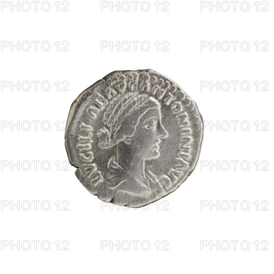 Denarius of Lucilla (149–182; Roman empress 164–169) issued under Lucius Verus (130–169; Roman emperor 161–169). Obverse: bust of Lucilla in drapery facing right, inscription LVCILLAE AVG ANTONINI AVG F. Reverse: Vesta veiled standing left, holding a ladle (simpulum) above a burning altar in her right hand and a statuette of Athena (palladium) in her left, inscription VESTA. Date: 164–169, Roman Empire (27 BC–476), Rome. Coin: diameter 17.0–17.5 mm, weight 3.55 g, axis 180°.