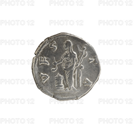 Denarius, Lucilla (149–182; Roman empress 164–169), issuer: Lucius Verus (130–169; Roman emperor 161–169). Bust of Lucilla in drapery facing right, inscription LVCILLAE AVG ANTONINI AVG F surrounding. Reverse: Vesta in a veil stands left, holding a ladle (simpulum) above a burning altar in her outstretched right hand and a statuette of Athena (palladium) in her left; inscription VES-TA around. Date: 164–169, Roman Empire (27 BC–476), Rome. Coin: diameter 17.0–17.5 mm, weight 3.55 g, axis 180°.