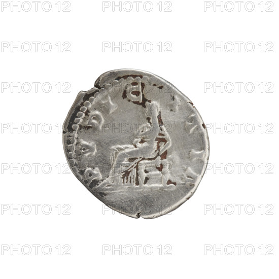Denarius, Lucius Verus (130–169; Roman emperor 161–169) issuer; Lucilla (149–182; Roman empress 164–169) — obverse: bust of Lucilla in drapery facing right, inscription LVCILLA - AV, VSTA; reverse: Pudicitia (personification of Modesty) seated in a veil facing left, right hand covered by her neckline, left hand resting on the seat, inscription PVDICITIA; dated 164–169, Roman Empire (27 BC–476), Rome; coin diameter 17.0–18.5 mm, weight 3.45 g, axis 180°.
