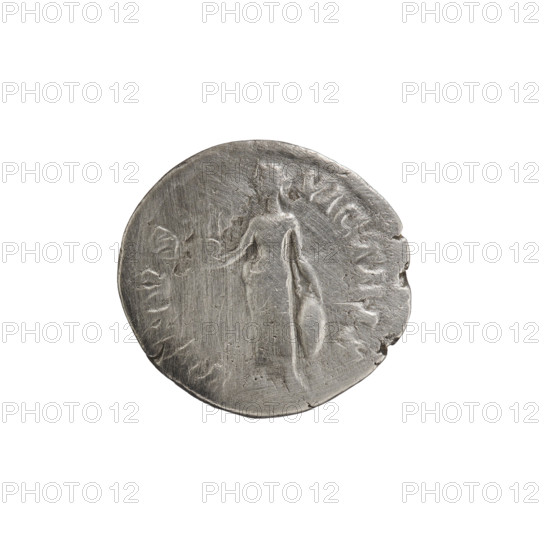 Denarius of Lucilla (149–182; Roman empress 164–169), issuer Lucius Verus (130–169; Roman emperor 161–169). Obverse: bust of Lucilla in drapery facing right, inscription LVCILLA·AVGVSTA. Reverse: Venus standing left, holding Victoria in her outstretched right hand and a shield in her left hand resting on the ground, inscription VENVS·VICTRIX. Date: 164–169, Rome, Roman Empire. Coin; diameter 17.5 mm, weight 2.80 g, axis 180°.