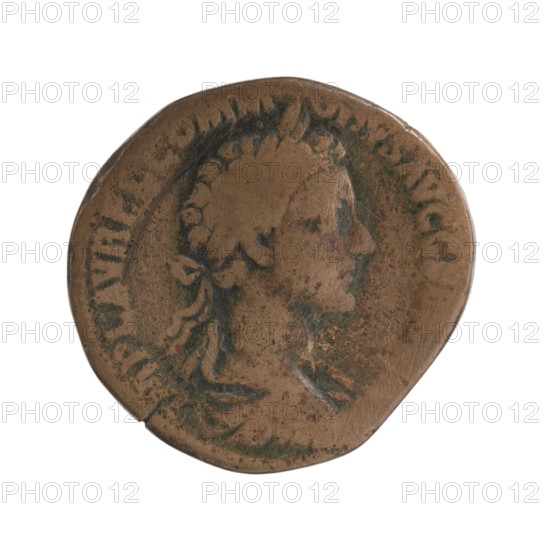 Sestertius of Commodus (reigned 177–192 CE). Obverse: Bust of Commodus to right, wearing laurel wreath, drapery and armor; inscription IMP L AVREL COMMODVS AVG. Reverse: Pile of Germanic weapons — armor, spears, shields, banner, carnyx — with legend TR P (in the DE GERMANIS section). Iconography: Germans, armor, spears, shields. Issuer: Commodus; references Marcus Aurelius (121–180) as related emperor. Roman Empire, Rome. Coin type: sestertius; diameter ca. 28.5–29.5 mm; weight 19.35 g; axis 180°.