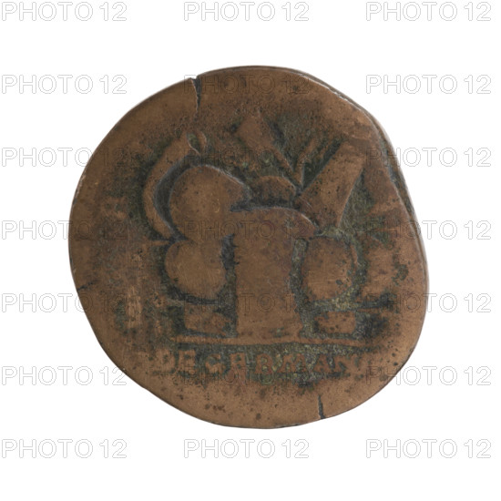 Sestertius of Commodus (reign 177–192 CE). Obverse: bust of Commodus with laurel wreath, drapery and armor to right; inscription 'IMP L AVREL COMMODVS AVG'. Reverse: pile of Germanic weapons—armor, spears, shields, banner, carnyx—with legend 'TR P ... DE GERMANIS' (fields S-, 177). Iconography: Commodus, Germans, armor, spears, shields. Roman Empire, 2nd century CE. Coin: diameter 28.5–29.5 mm, weight 19.35 g, axis 180°.