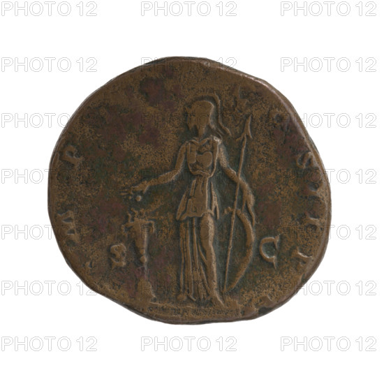 Sestertius, Commodus (161–192; Roman emperor 177–192). Obverse: Head of Commodus in a laurel wreath facing right, legend AVREL COMMO - DVS AVG TR P IIII. Reverse: Minerva stands frontally with her head turned left; with her right hand she pours incense on a burning altar, with her left hand she holds a round shield and a spear standing on the ground, legend IMP II - COS II PP, in SC fields. Date: 179. Roman Empire (27 BC–476). Rome. Coin. Diameter 27.5–29.5 mm, weight 20.55 g, axis 180 degrees.