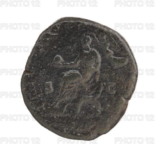 sestertius, Commodus (161–192; Roman emperor 177–192), issuer; obverse: head of Commodus in a laurel wreath to the right, inscription 'M COMMODVS ANT - P, X AVG BRIT'; reverse: emperor in a toga sitting on a curule chair to the left, holding a globe in his right hand and a scroll in his left, behind his head flies Victoria with a wreath, inscription 'PM' and 'in SC' fields, '186'; Roman Empire (27 BC–476), Rome; coin; material: coin; diameter 27.5 mm / 30.0 mm; weight 23.15 g; axis 180 degrees.