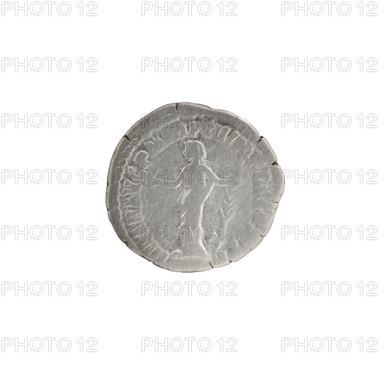 Denarius of Commodus (reign 177–192). Obverse: Head of Commodus in a laurel wreath facing right; inscription M COMM ANT P - FEL AVG BRIT. Reverse: Hilaritas (personification) standing left; in her outstretched right hand a short twig, in her left hand a long palm branch; inscription HILAR AVG PM TR P XII IMP VIII COS V PP. Date: 186–187. Roman Empire, Rome. Coin. Diameter 17.5–18.5 mm, weight 2.77 g, axis 0°.