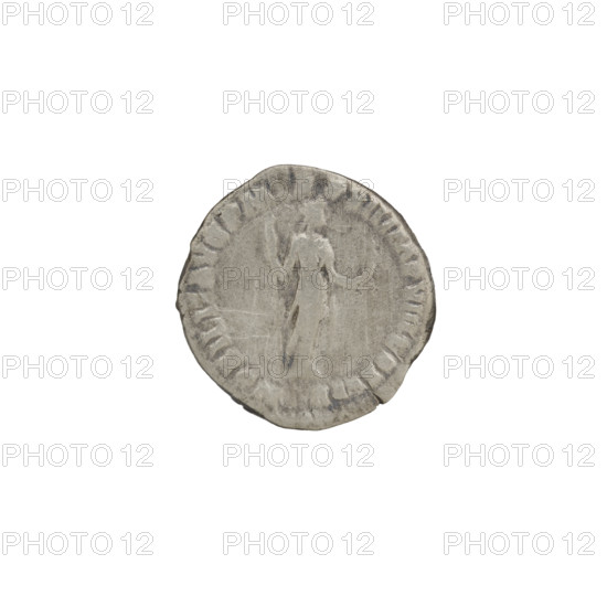 Denarius of Commodus (reigned 177–192). Obverse: Head of Commodus in a laurel wreath facing right, inscription 'M COMM ANT P - FEL AVG BRIT'. Reverse: Nobilitas standing right, holding a long scepter in his right hand and a statuette in his left, inscription 'NOBILIT AVG PM TR P XII IMP VIII COS V PP'. Date: 186–187. Roman Empire. Coin. Diameter 17.0 mm. Weight 3.10 g. Axis 0°.