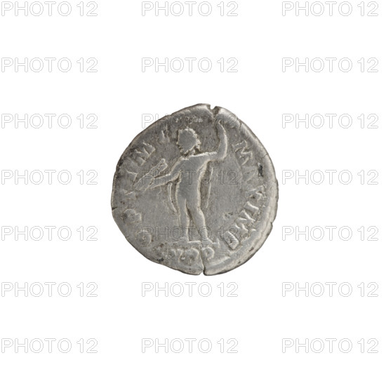 Denarius of Commodus (161–192; Roman emperor 177–192). Obverse: Head of Commodus in a laurel wreath facing right, inscription M·COMM·ANT·P·FEL·AVG·BRIT. Reverse: Naked Jupiter standing left, holding a thunderbolt in his right hand and a scepter in his left, inscription OPTIME·MAXIME. Episode inscription: CV·PP, dated 186–189. Roman Imperial coin; diameter 16.0–17.0 mm, weight 3.00 g, axis 180°.