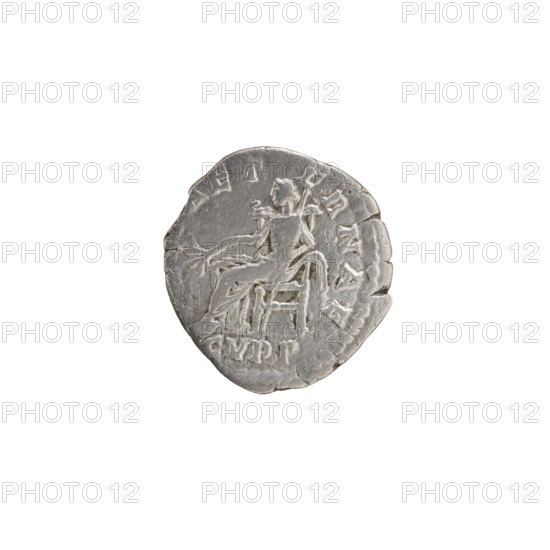 Denarius of Commodus (reigned 177–192). Obverse: head of Commodus in a laurel wreath to the right, inscription 'M COMM ANT - G BRIT'. Reverse: Pax seated left, holding a branch in his right hand and a long scepter in his left, inscription 'AET - ERNAE'. Dating: c. 186–189. Roman Empire; Rome. Coin. Diameter: 16.0–17.5 mm; weight: 2.75 g; axis: 0°.