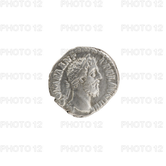 Denarius of Commodus (161–192; Roman emperor 177–192). Obverse: Head of Commodus in a laurel wreath facing right, inscription 'M COMM ANT - P FEL AVG BRIT' around. Reverse: Salus seated left, in her right hand holding a patera from which she feeds a snake coiled around an altar, inscription 'PM TR P XIII IM, III COS V PP' around. Date: 187–188. Roman Empire (27 BC–476). Rome. Coin; diameters 15.5 mm and 17.5 mm; weight 2.80 g.