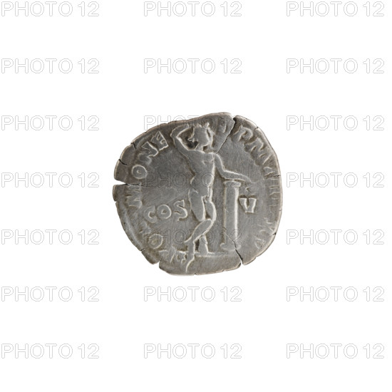 denarius, Commodus (161–192; Roman emperor 177–192), issuer; obverse: Head of Commodus in a laurel wreath facing right, inscription M·COMM·ANT·PF·AVG·T·PP; reverse: Naked Apollo standing right, his left hand resting on a column, his right hand behind his head, inscription POL·MONE·PM·TRP·XV; field marks COS·V, 190; Roman Empire (27 BC–476), Rome; coin; diameter 16.0–18.0 mm; weight 1.80 g; axis 180 degrees