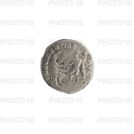Denarius of Commodus (reigned 177–192). Obverse: Head of Commodus with a laurel wreath facing right, inscription L AEL AVREL CO L. Reverse: Two standing figures—on the left, the personification of Africa (Alexandria) wearing an elephant scalp, holding a sistrum, with a lion at its feet, offering ears of corn to Hercules-Commodus on the right, who stands with one foot on the prow of a ship and rests his club on a rock; inscription PROVIDENTIAE AVG. Date: 191–192. Roman Empire, Rome. Coin; diameter 15.5–16.0 mm, weight 2.30 g, axis 180°.