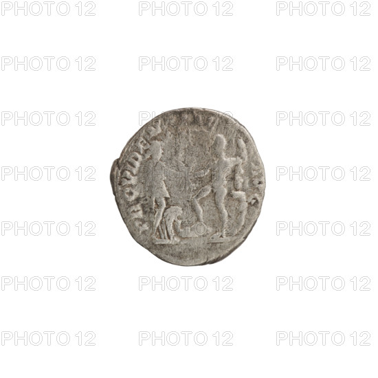 Denarius of Commodus (reigned 177–192). Obverse: Head of Commodus with a laurel wreath facing right, inscription L AEL AVREL COM - AVG P FEL. Reverse: Two standing figures—on the left, the personification of Africa (Alexandria) wearing an elephant scalp, holding a sistrum, with a lion at her feet, offering ears of corn to Hercules-Commodus on the right, who stands with one foot on the prow of a ship and rests his club on a rock; inscription PROVIDENTIAE - AVG. Date: 191–192. Roman Empire. Coin. Diameter 16.0–16.5 mm, weight 3.20 g, axis 15°.