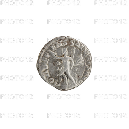 Denarius; obverse: Head of Commodus in a laurel wreath facing right, inscription 'L AEL AVREL CO - MM AVG P FEL'; reverse: Jupiter, dressed only in a flowing cloak, walks left, turns his head right, holds a lightning bolt in his outstretched right hand and a long scepter in his left, four stars in left field, three in right field, inscription 'IOVI DEF - ENS SALVTIS AVG'. Issuer: Commodus (161–192; Roman emperor 177–192). Iconography: scepters, Jupiter, Roman deities, stars, lightning bolts. Date: 191–192. Culture/place: Roman Empire, Rome. Object type/material: coin (denarius). Dimensions: diameter 17.0 mm, weight 2.50 g, axis 0°.