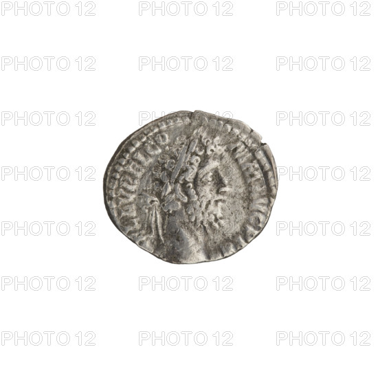 Denarius, Commodus (161–192; Roman emperor 177–192). Obverse: Head of Commodus in laurel wreath facing right; inscription EL AVREL CO - MM AVG P FE. Reverse: Fortuna Felix standing left, holding a cornucopia in his left hand and a caduceus in his right, resting his leg on a ship; inscriptions PM TRP XVII, III COS VII PP. Iconography: Roman deities, caduceus, Fortuna, ships, cornucopias, stars. Date: 192. Place/culture: Roman Empire (27 BC–476), Rome. Object type/material: coin (denarius). Dimensions: diameter 16.0 mm; diameter 18.0 mm; weight 3.50 g; axis 180 degrees.